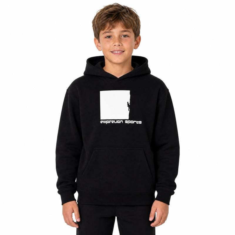 Bedruckter Kapuzenpullover zum Klettern für Jungen über der Schulter