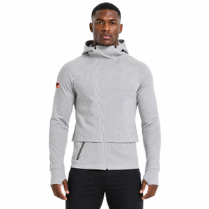 Herren-Hoodie-Jacke zum Laufen mit diagonaler Knopfleiste, hohem Kragen, doppeltem Reißverschluss und Raglanärmeln