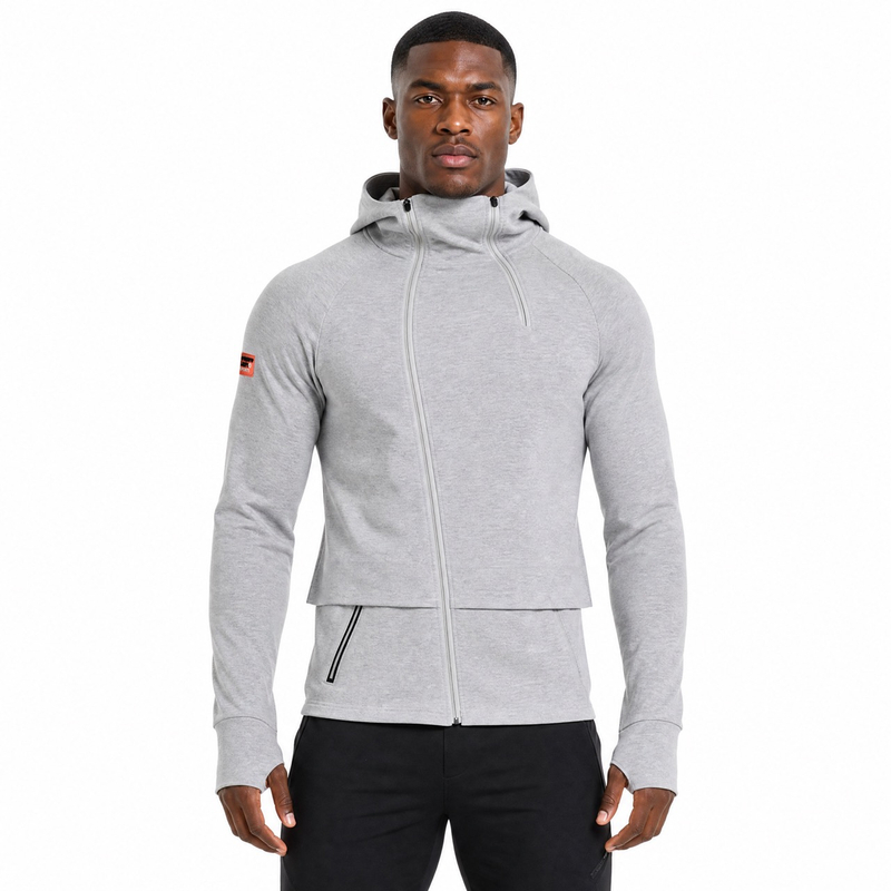 Herren-Hoodie-Jacke zum Laufen mit diagonaler Knopfleiste, hohem Kragen, doppeltem Reißverschluss und Raglanärmeln