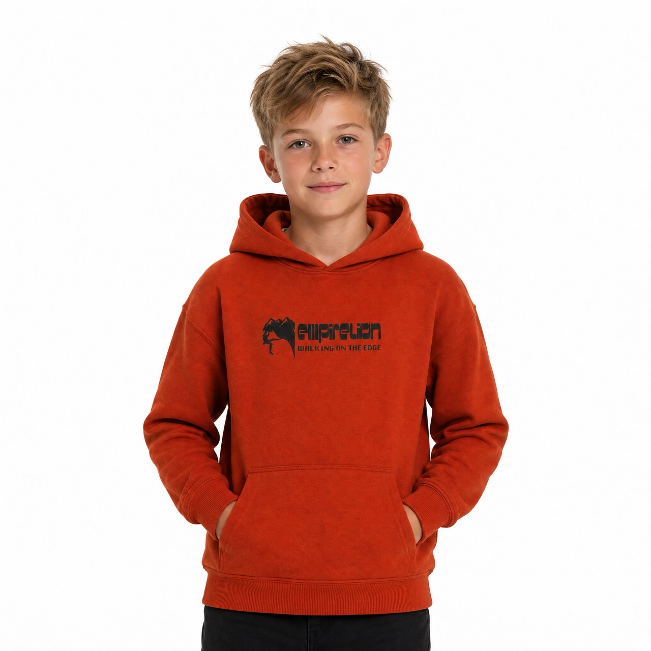 Bedruckter Kapuzenpullover zum Klettern für Jungen über der Schulter