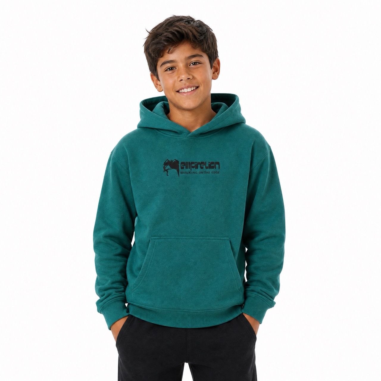 Bedruckter Kapuzenpullover zum Klettern für Jungen über der Schulter
