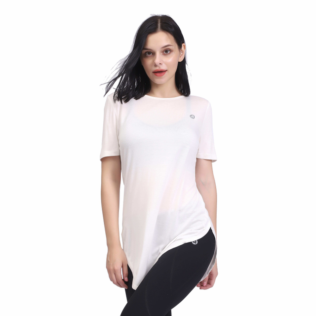 Damen Weiß Racer Back Curve Saum Kurzarm Long T-Shirt Top