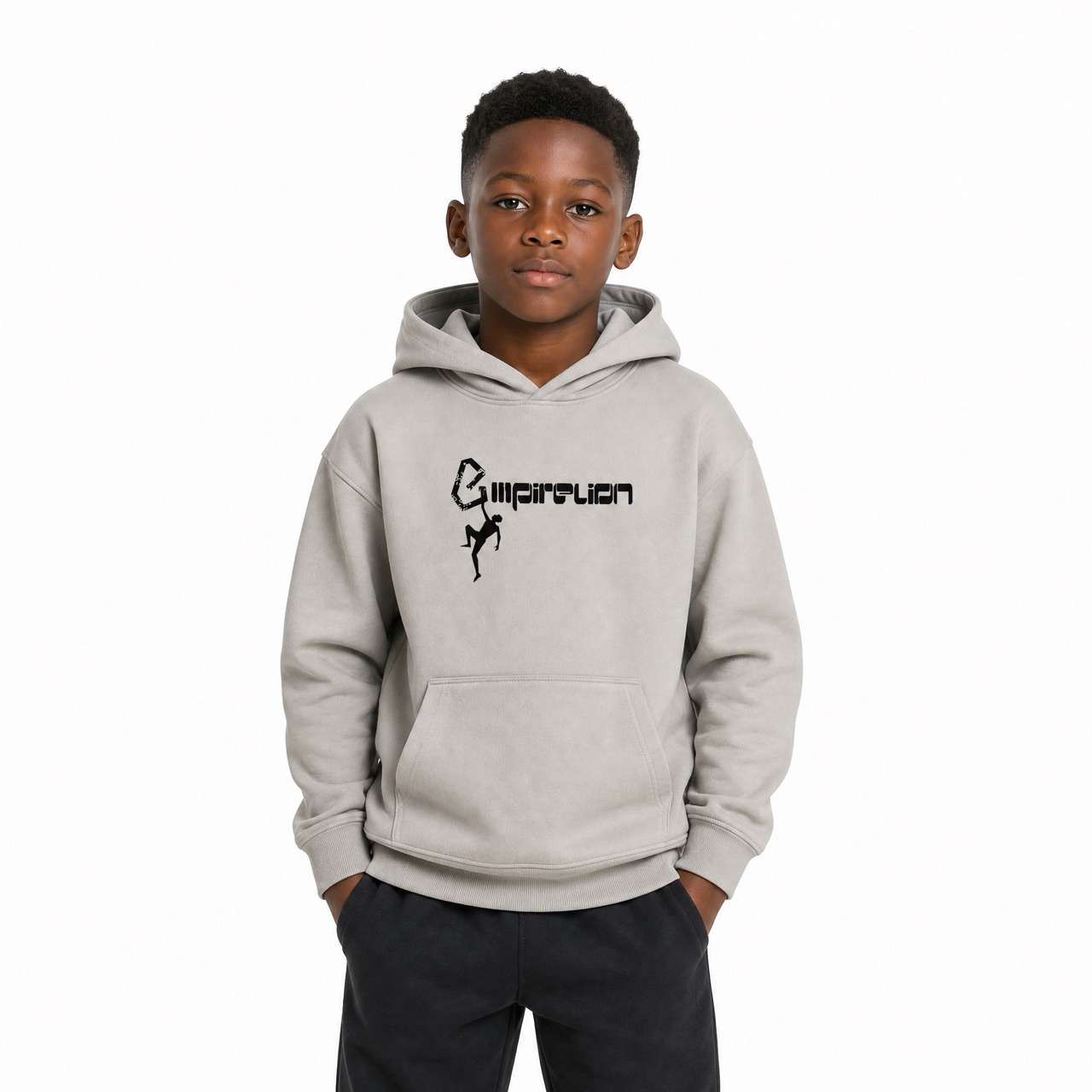 Bedruckter Kapuzenpullover zum Klettern für Jungen über der Schulter