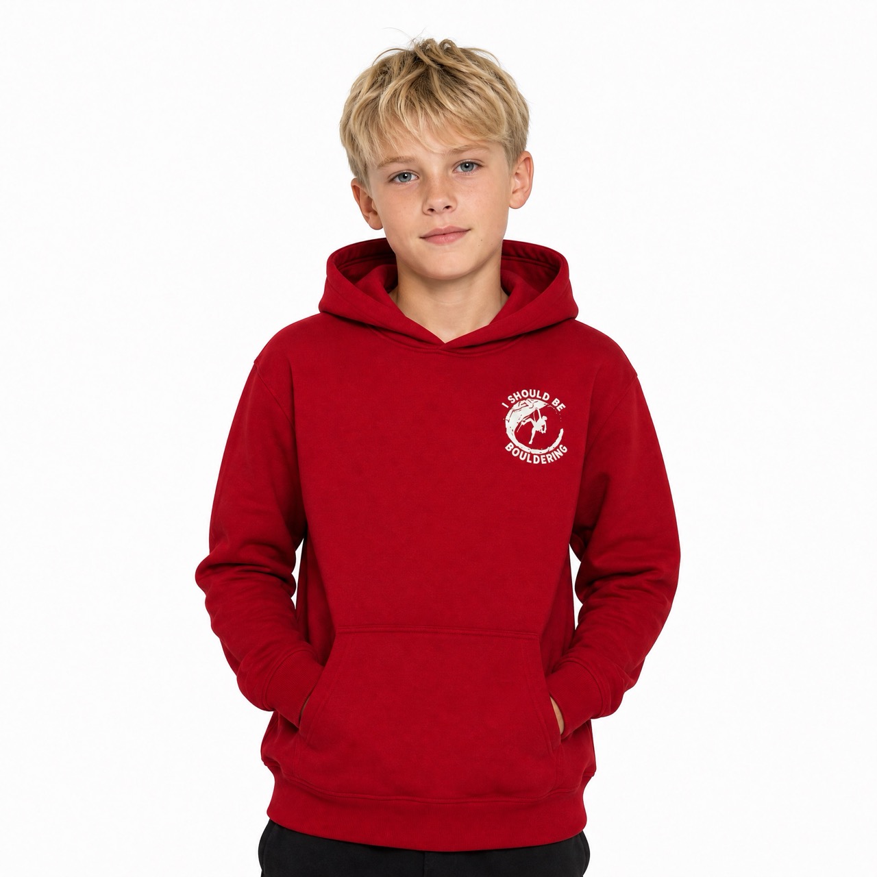 Bedruckter Kapuzenpullover zum Klettern für Jungen über der Schulter
