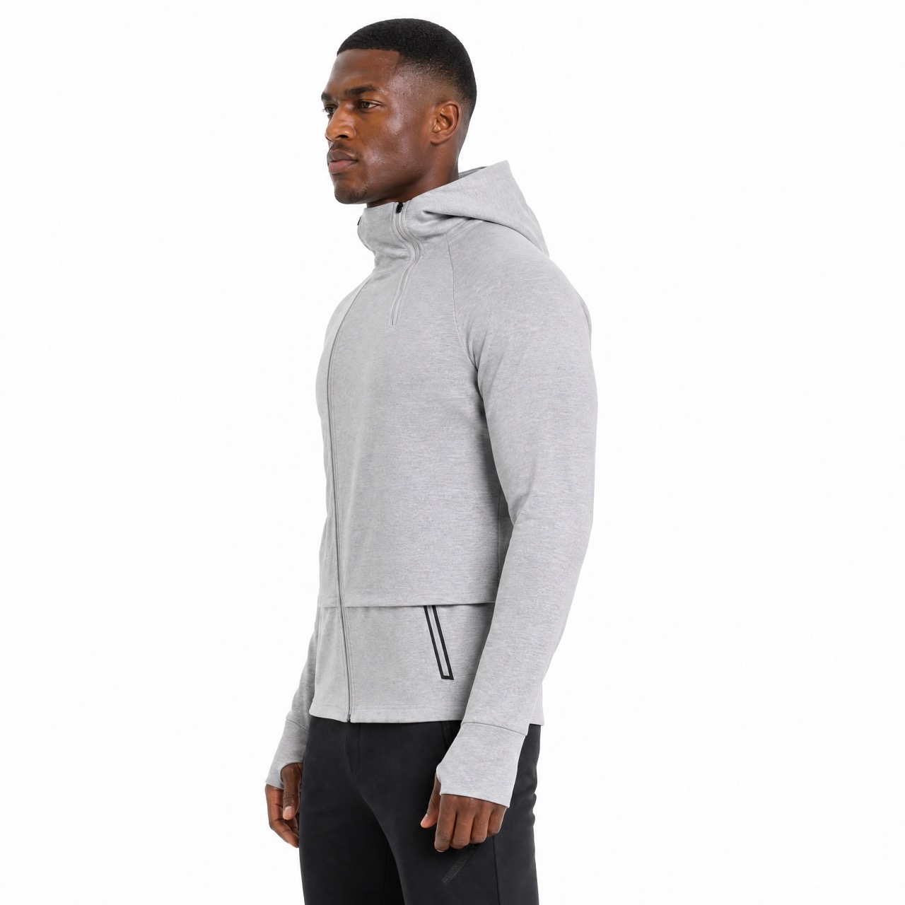 Herren-Hoodie-Jacke zum Laufen mit diagonaler Knopfleiste, hohem Kragen, doppeltem Reißverschluss und Raglanärmeln